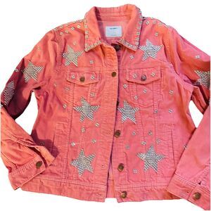 Old Navy Star Rhinestone Pink Corduroy Trucker Jacket Western SZ L 100% Cotton